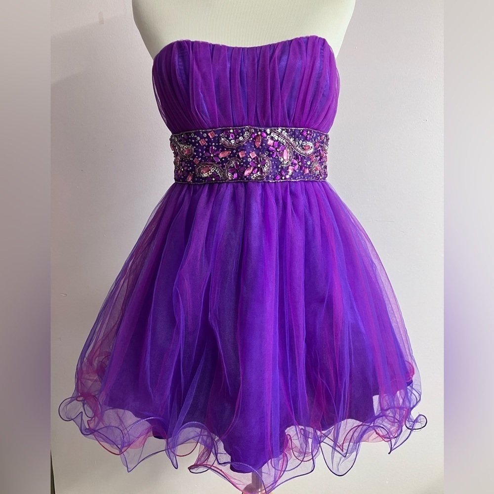 Women’s Strapless Mini Formal Dress, Size 9/10, Purple/Pink, Rhinestones, Deb